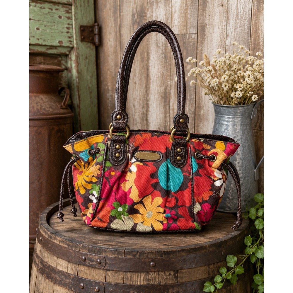 Strada Floral Canvas Shoulder Bag Brown Faux Snakeskin Trim Multicolored Boho